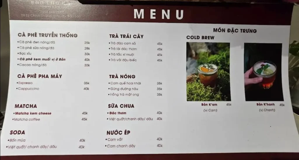 Menu tại Bản Lao Xa Coffee And Tea