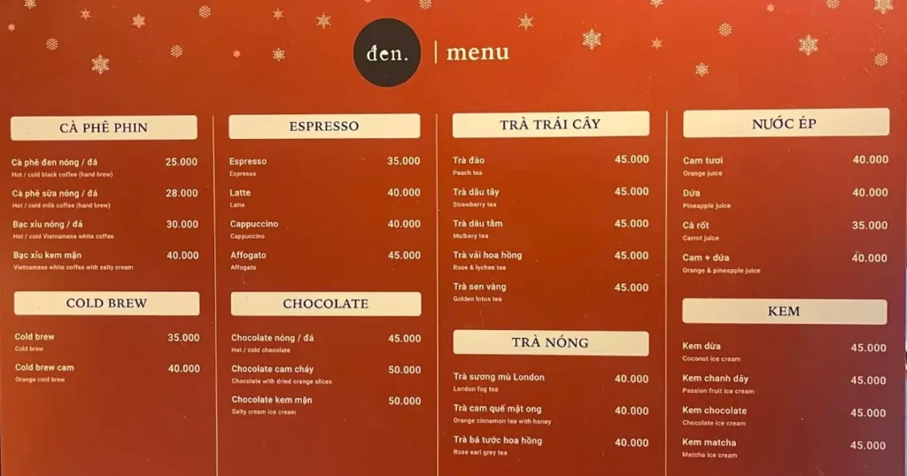 Menu tại Đen Coffee Bảo Lộc