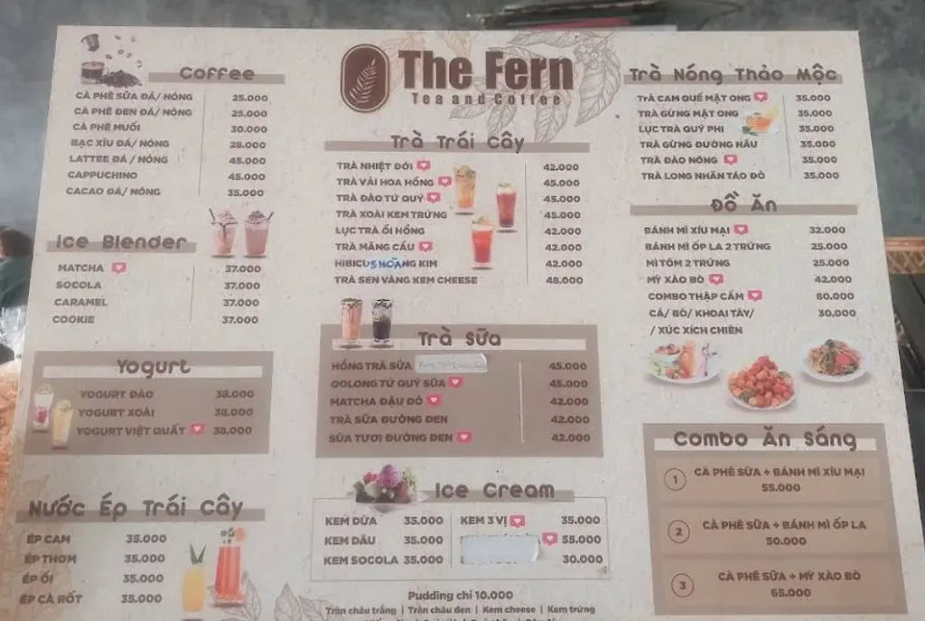 Menu tại The Fern Tea and Coffee Bảo Lộc