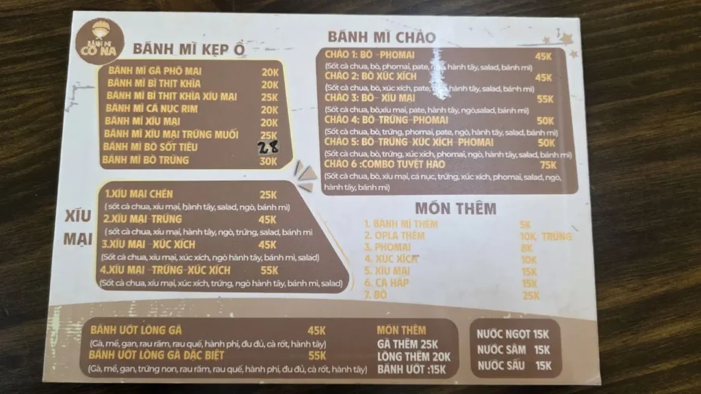 Menu của bánh mì Cô Na đa dạng, dễ chọn Menu của bánh mì Cô Na đa dạng, dễ chọn